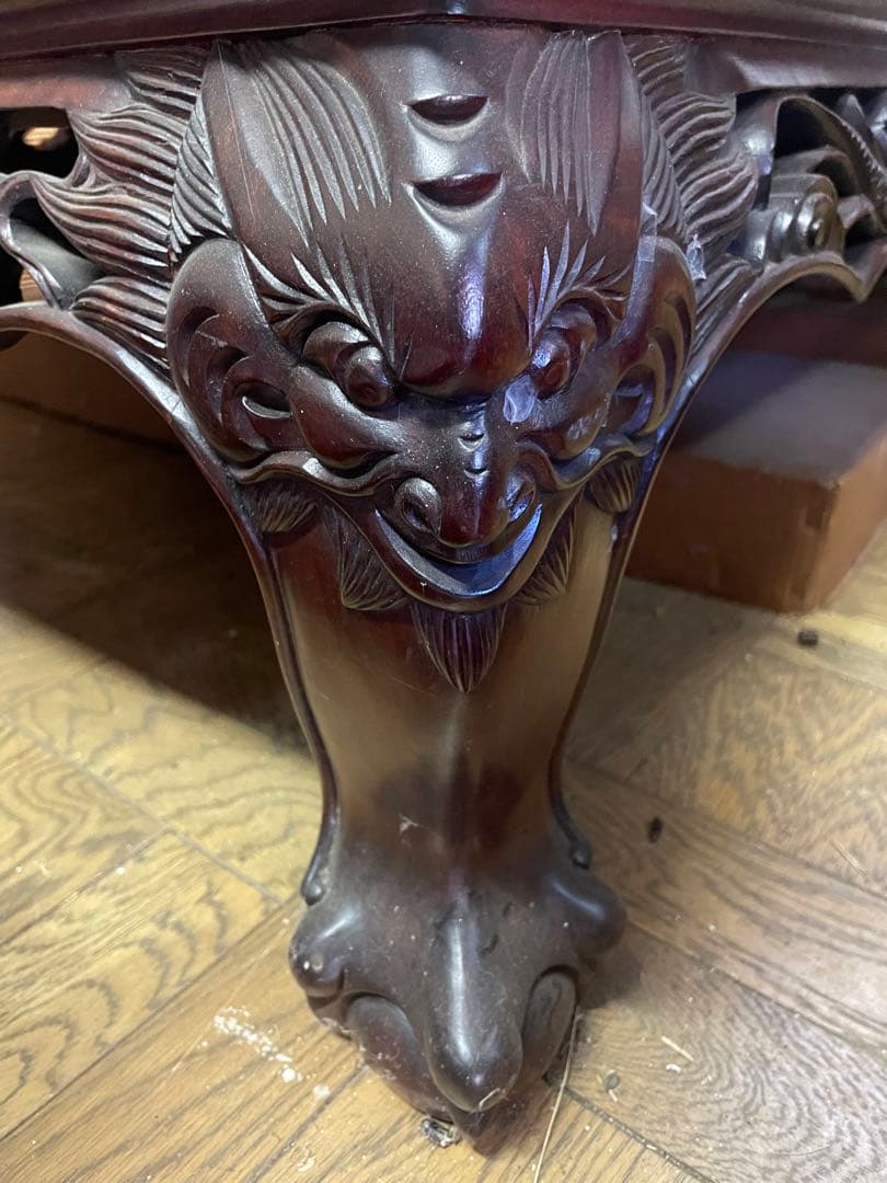 高級唐木　獅子龍彫刻付き漆仕上げ長座卓　150センチ幅テーブル一枚板　座卓