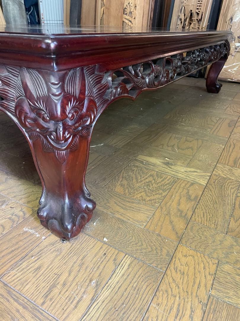 高級唐木　獅子龍彫刻付き漆仕上げ長座卓　150センチ幅テーブル一枚板　座卓