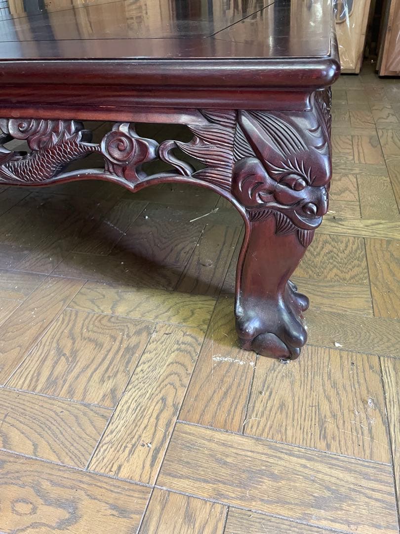 高級唐木　獅子龍彫刻付き漆仕上げ長座卓　150センチ幅テーブル一枚板　座卓