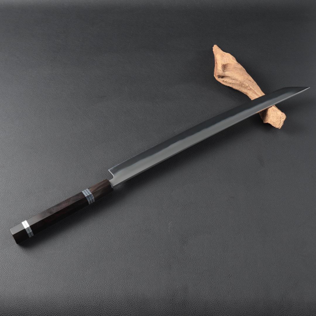 尺三 水本焼 MKH1高炭素鋼 広直刃 先丸柳刃包丁 究極の切れ味 黒檀八角柄