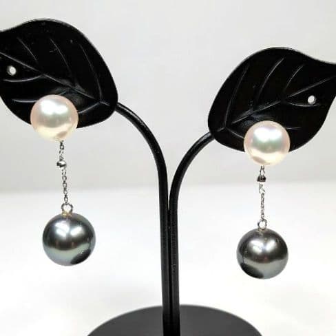 【リメイク新品】K14WG アコヤ真珠×タヒチ黒蝶真珠 2WAYピアス