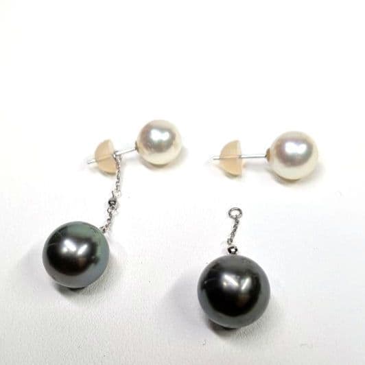 【リメイク新品】K14WG アコヤ真珠×タヒチ黒蝶真珠 2WAYピアス
