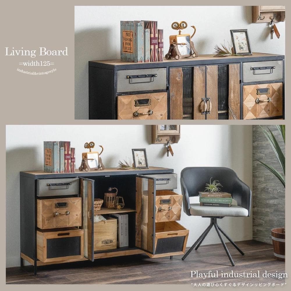 天然木　スチール　キャビネット　インダストリアル　サイドボード　引出　レトロ　棚