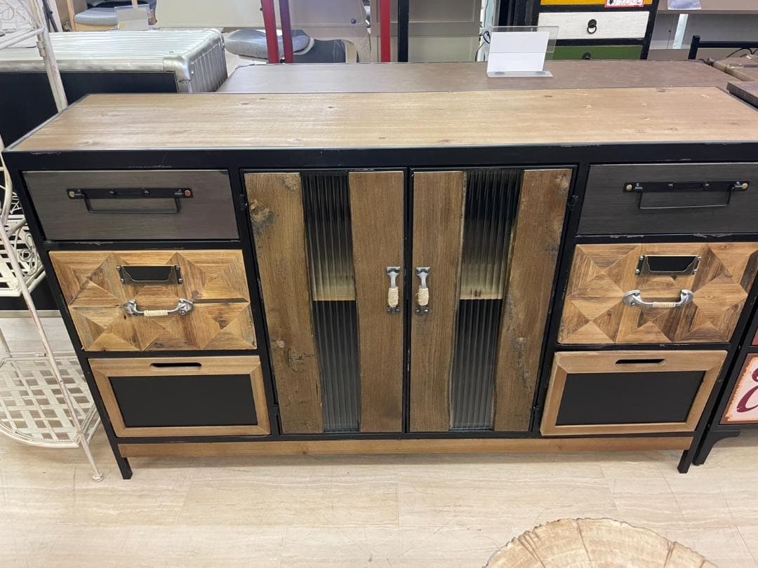 天然木　スチール　キャビネット　インダストリアル　サイドボード　引出　レトロ　棚