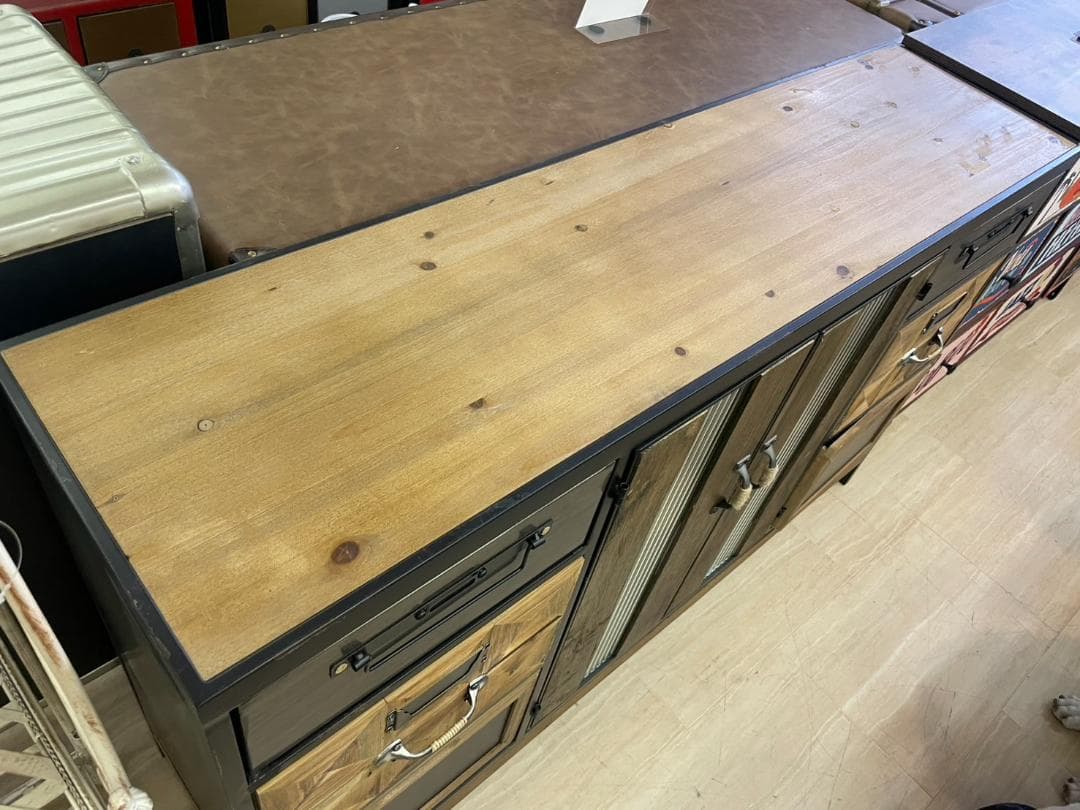 天然木　スチール　キャビネット　インダストリアル　サイドボード　引出　レトロ　棚