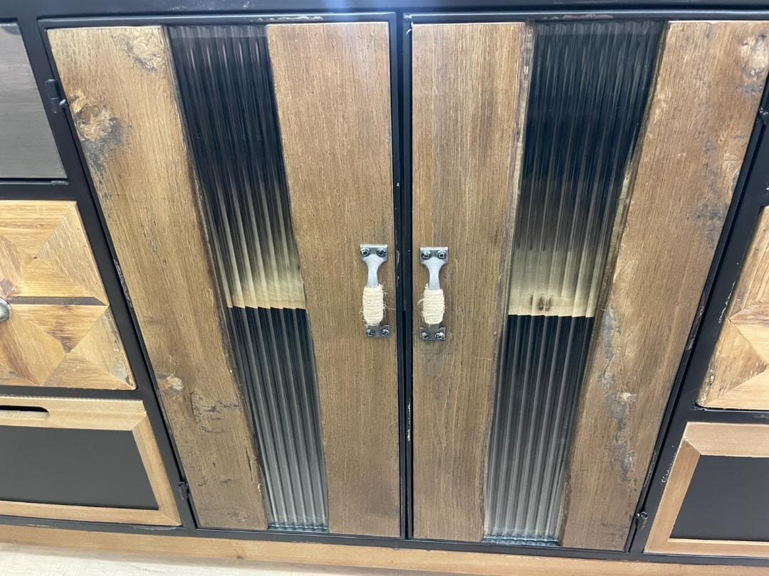 天然木　スチール　キャビネット　インダストリアル　サイドボード　引出　レトロ　棚