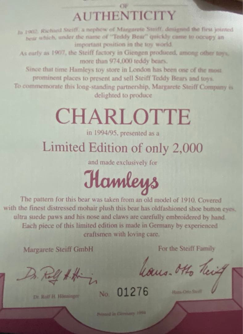 テディベア チャロット 世界限定2000体　シュタイフ