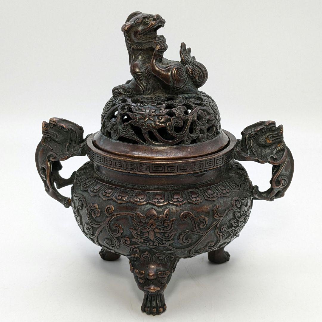 唐銅 三足獅子頭香炉 獅子摘み香炉 中国美術 乾隆年製 鋳銅 銅器 工芸