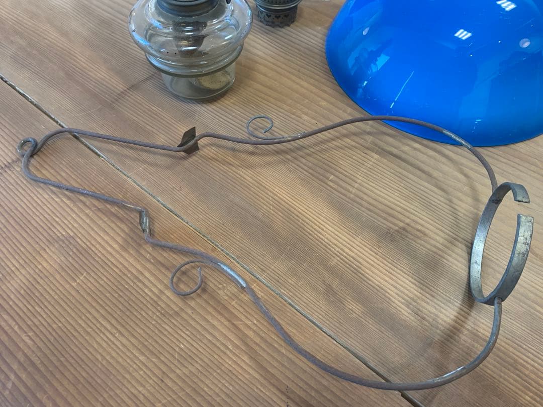 オイルランプ　和ガラス　ブルーガラス　当時もの　可動品　電笠　大正　昭和レトロ