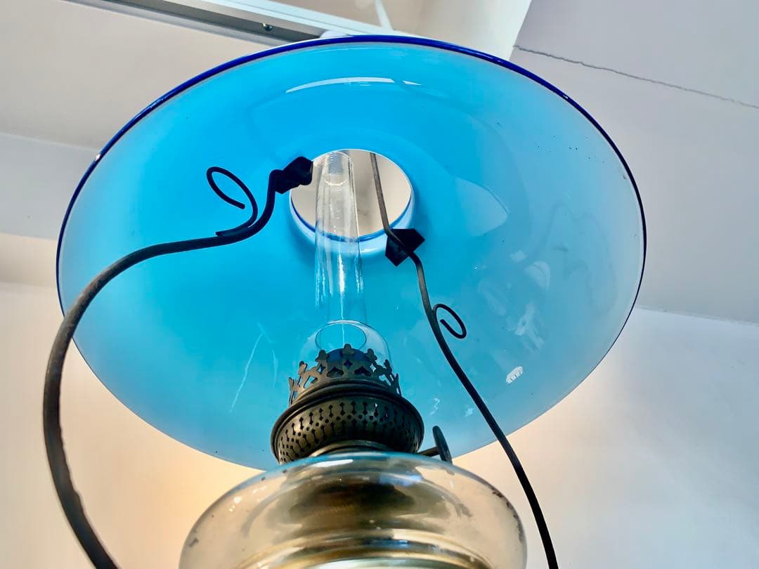 オイルランプ　和ガラス　ブルーガラス　当時もの　可動品　電笠　大正　昭和レトロ