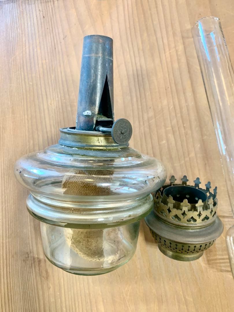 オイルランプ　和ガラス　ブルーガラス　当時もの　可動品　電笠　大正　昭和レトロ
