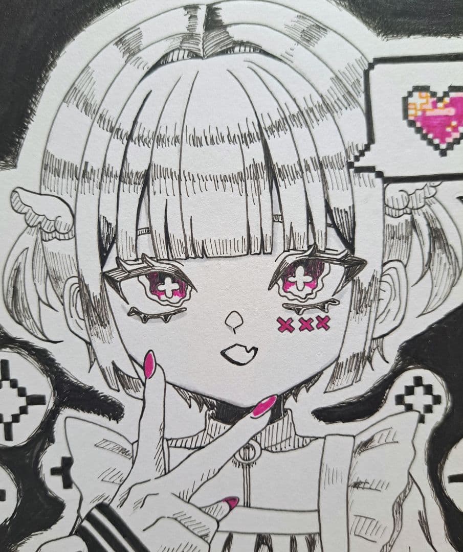 オリジナルイラスト 色紙 手描きイラスト モノクロ 女の子 原画 一点物