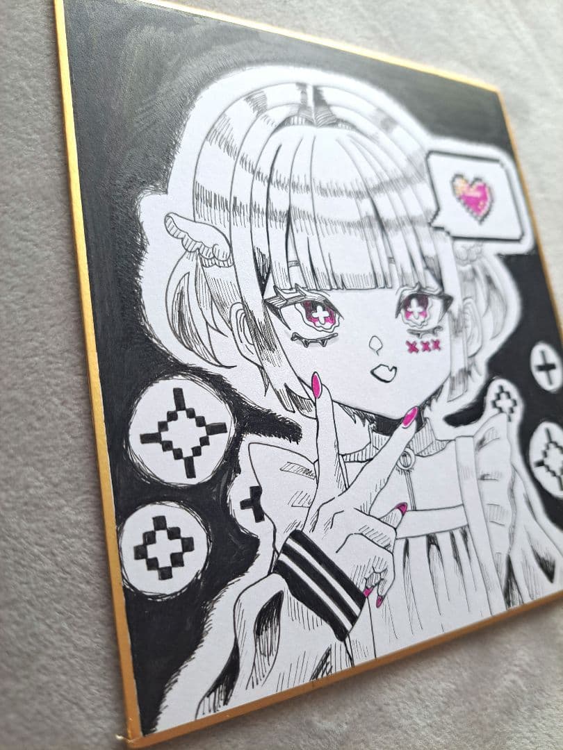 オリジナルイラスト 色紙 手描きイラスト モノクロ 女の子 原画 一点物