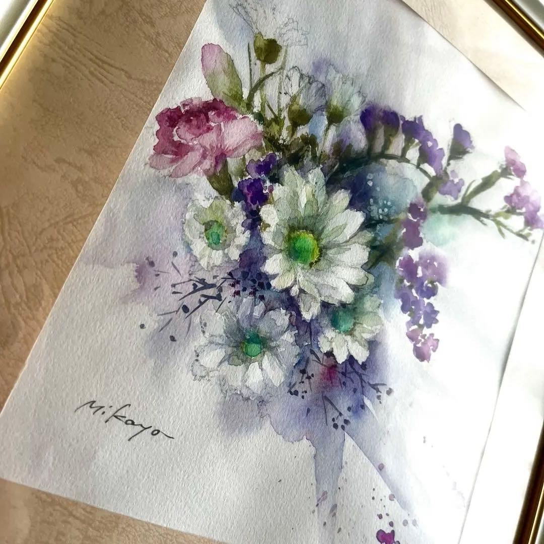 水彩画 原画 花 フラワー 井上美香代 真作 絵画 白菊 スターチス 浄化 開運