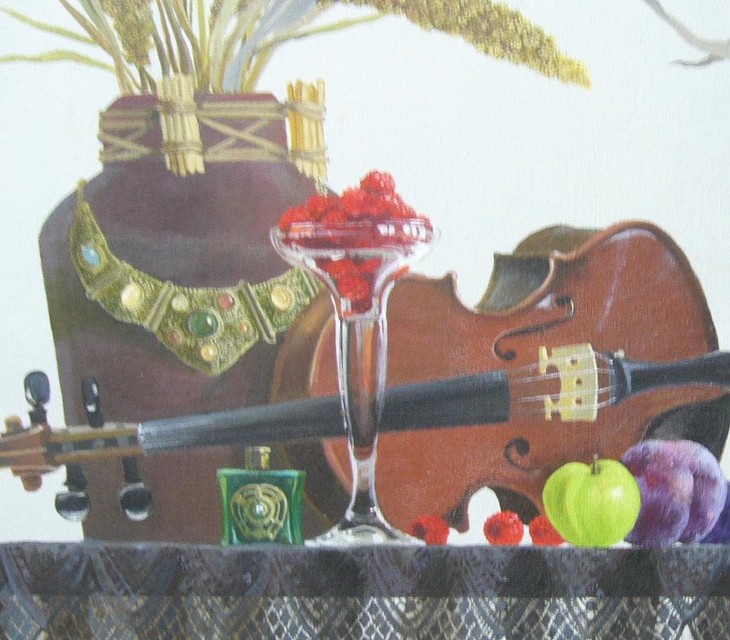 田浦信勝 絵画 肉筆油絵 静物画 M12 バイオリン テーブルクロス