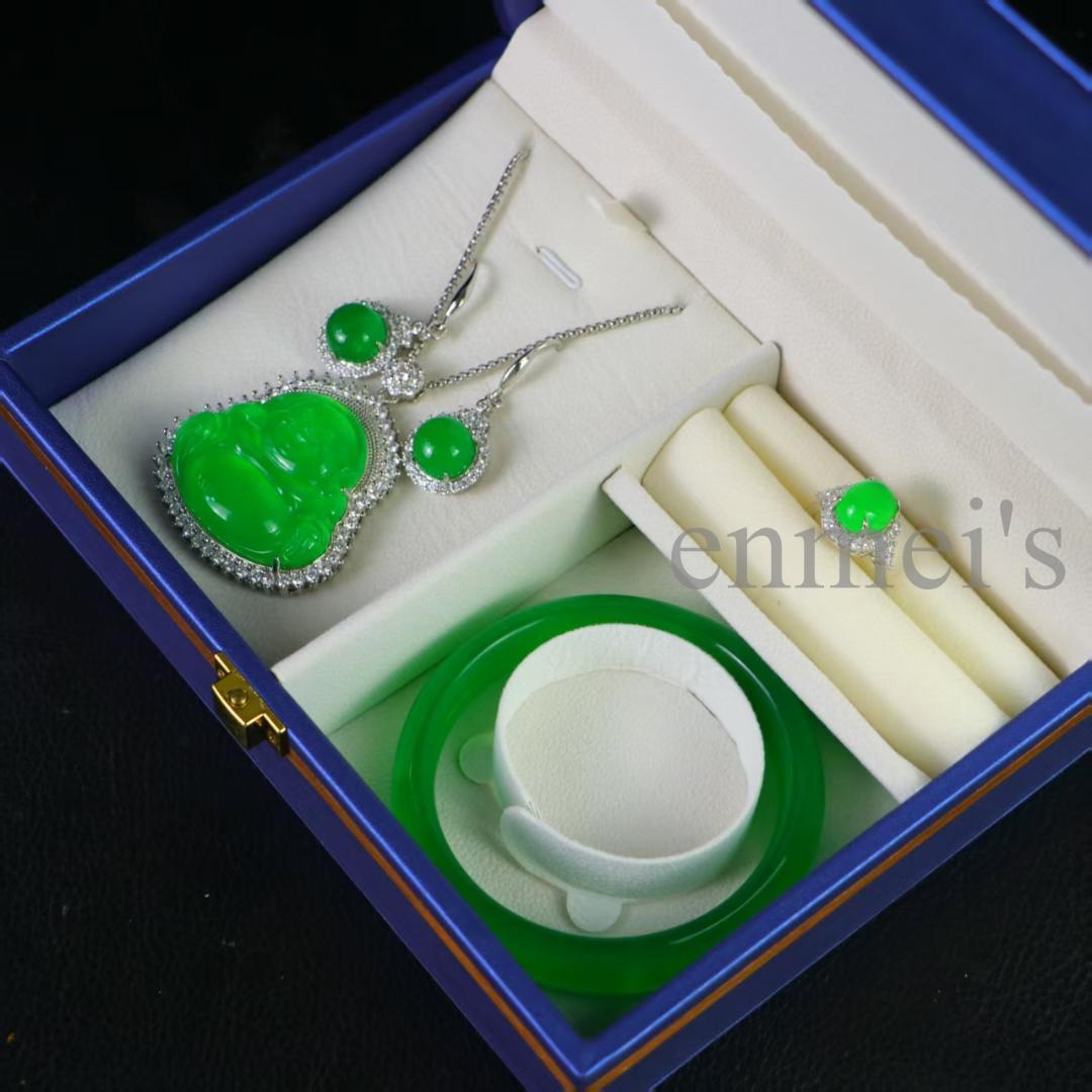 高級天然冰種翡翠 仏像モチーフジュエリーセット 銀製装飾付 精工細作 宗教美術品