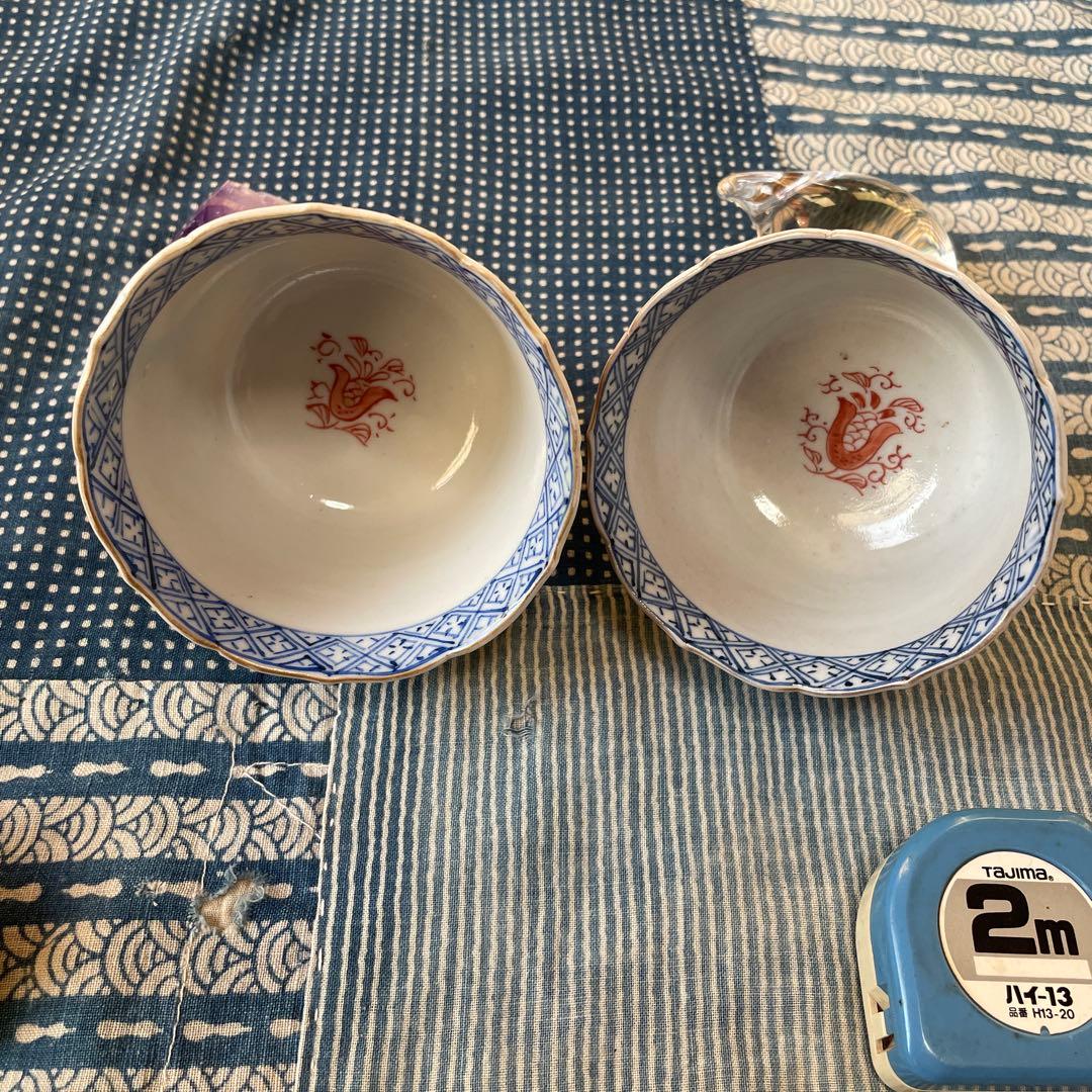 幕末明治　伊万里焼　染付　金彩　牡丹　吉祥文様　2客組