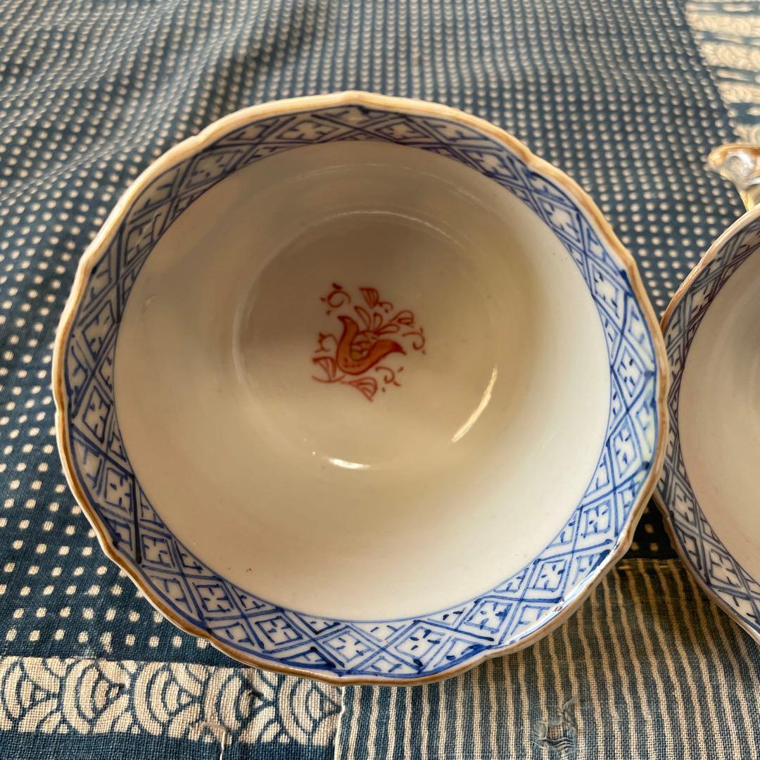 幕末明治　伊万里焼　染付　金彩　牡丹　吉祥文様　2客組