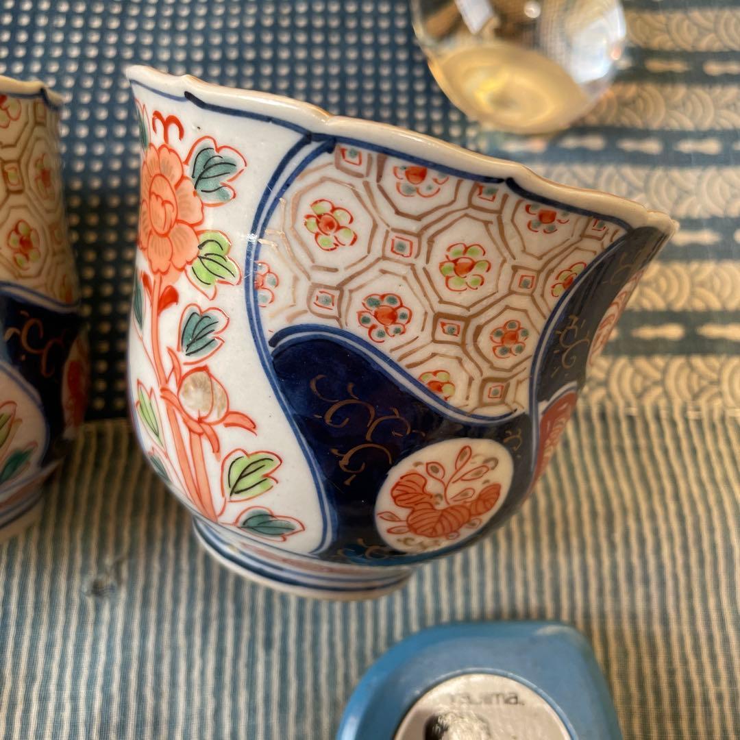 幕末明治　伊万里焼　染付　金彩　牡丹　吉祥文様　2客組