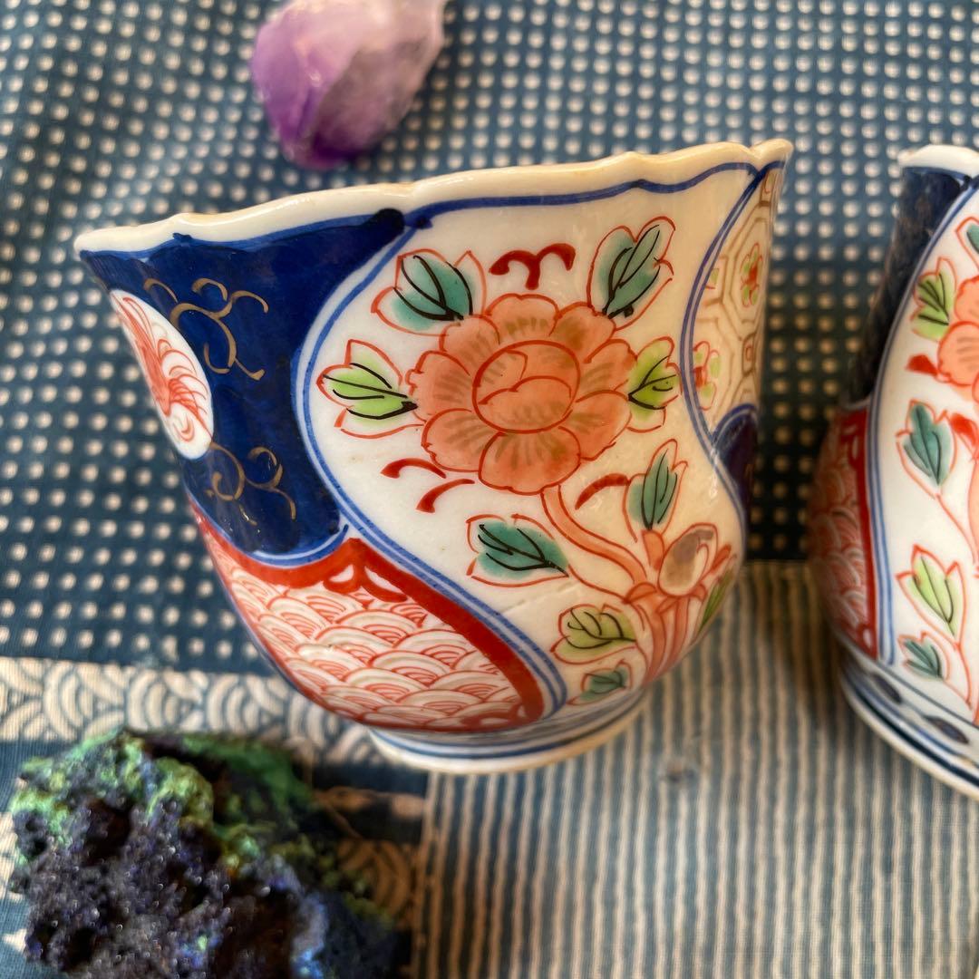幕末明治　伊万里焼　染付　金彩　牡丹　吉祥文様　2客組