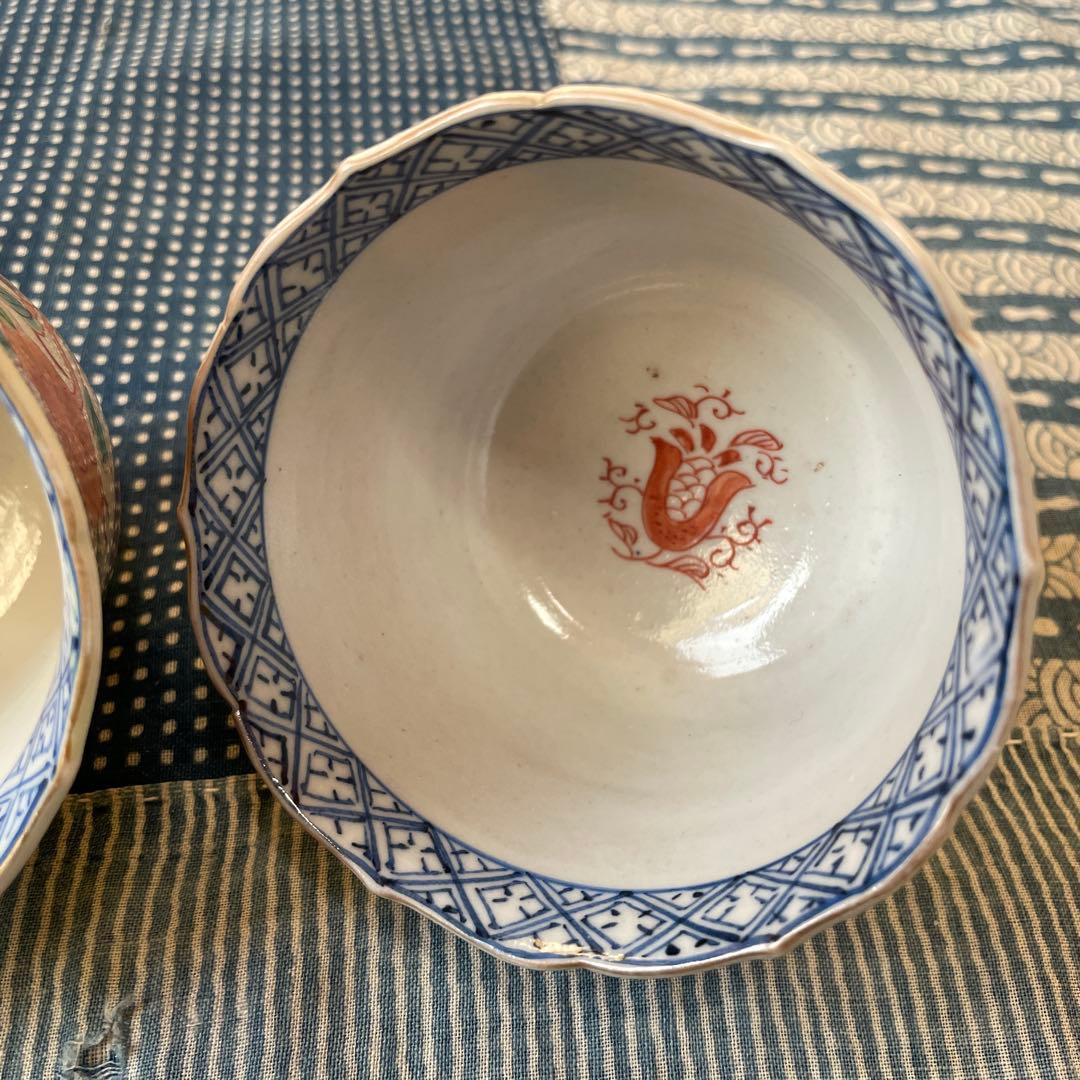 幕末明治　伊万里焼　染付　金彩　牡丹　吉祥文様　2客組