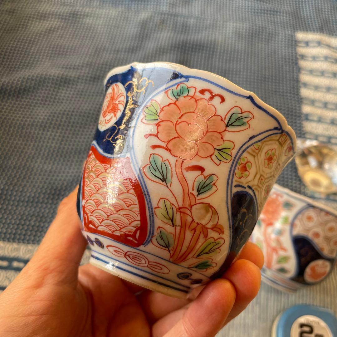 幕末明治　伊万里焼　染付　金彩　牡丹　吉祥文様　2客組