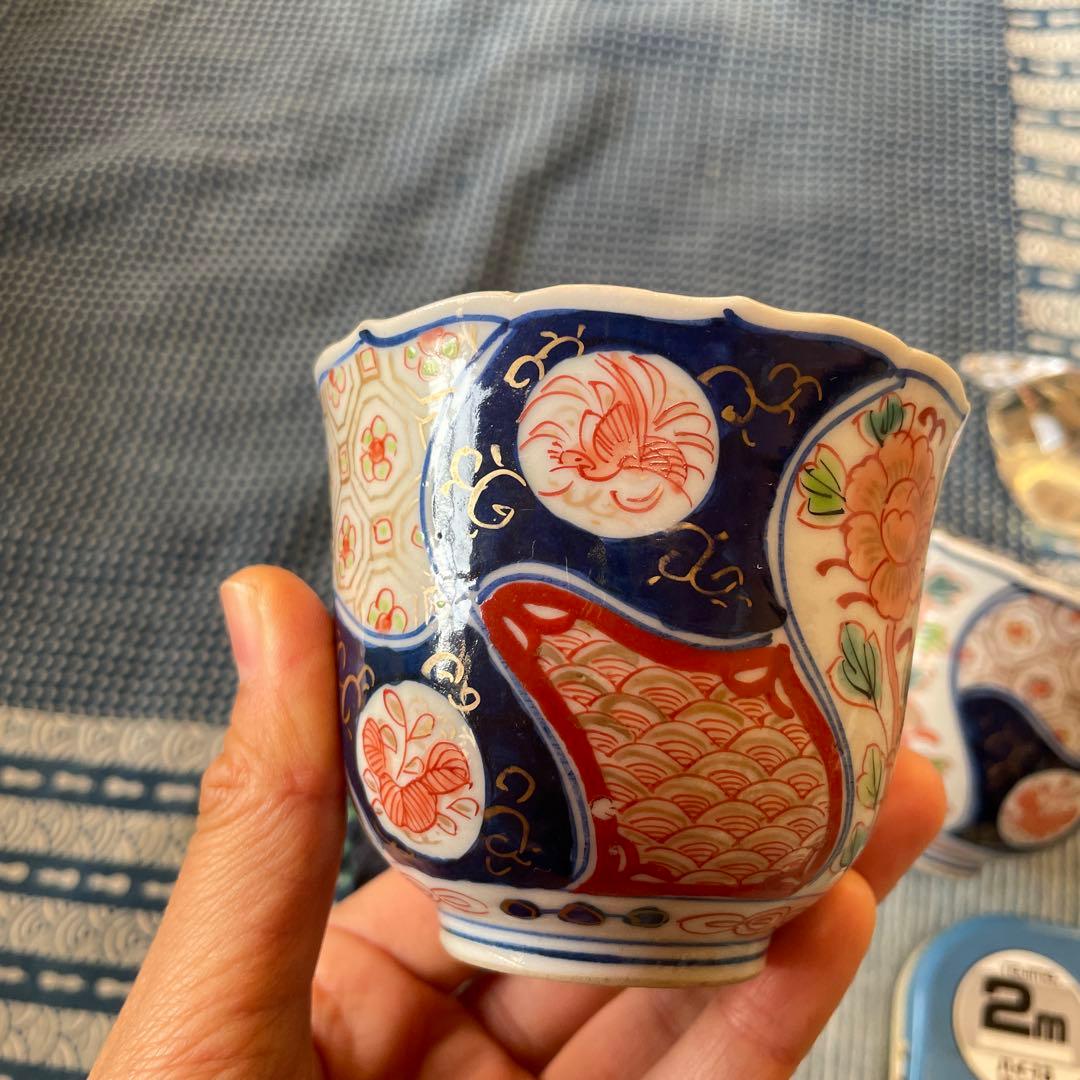 幕末明治　伊万里焼　染付　金彩　牡丹　吉祥文様　2客組