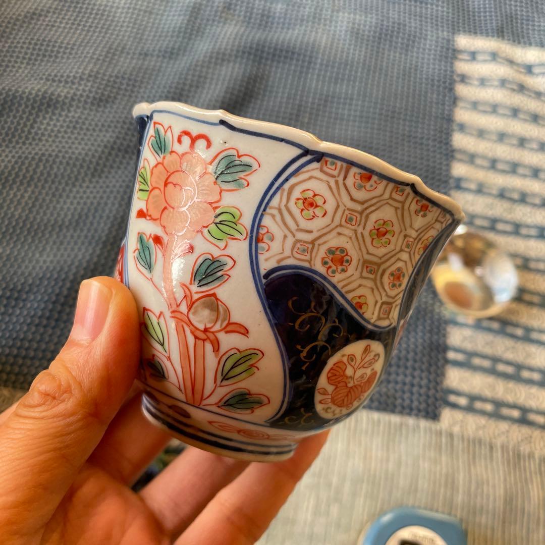 幕末明治　伊万里焼　染付　金彩　牡丹　吉祥文様　2客組