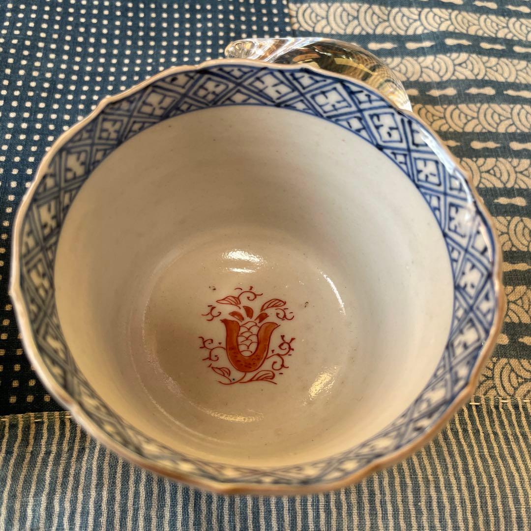 幕末明治　伊万里焼　染付　金彩　牡丹　吉祥文様　2客組