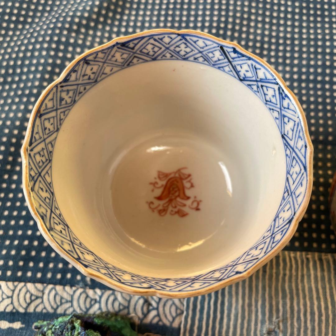 幕末明治　伊万里焼　染付　金彩　牡丹　吉祥文様　2客組