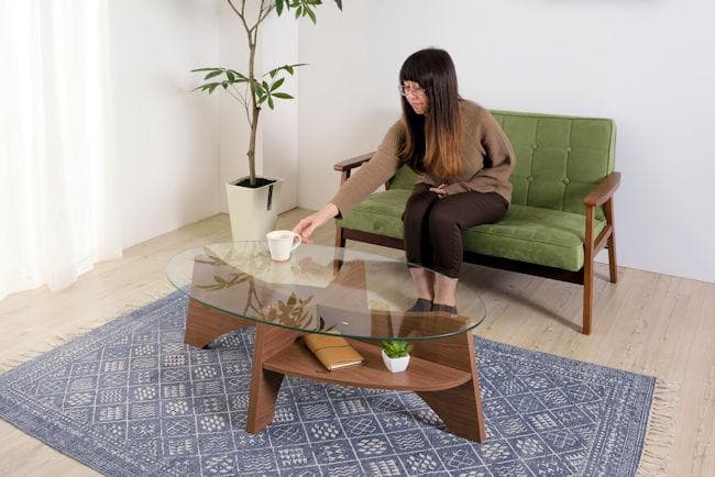 ガラス天板棚付オーバルテーブル幅105cmローテーブル ガラステーブル（223）