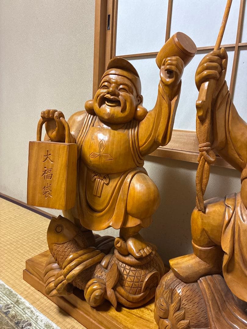 【値下げ】アンティーク金絲楠木 恵比寿大黒天 木の手彫り一対 80cm 大型