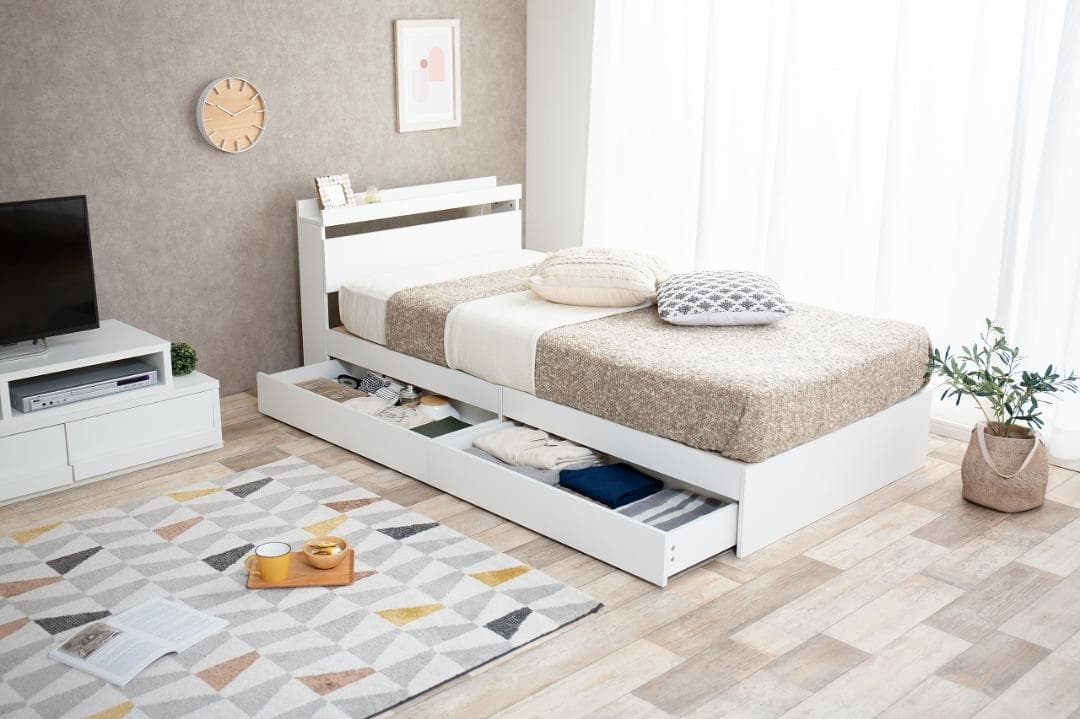 《新品・送料無料》【セミダブル】Pluto 収納付きベッド（マットレス付き）