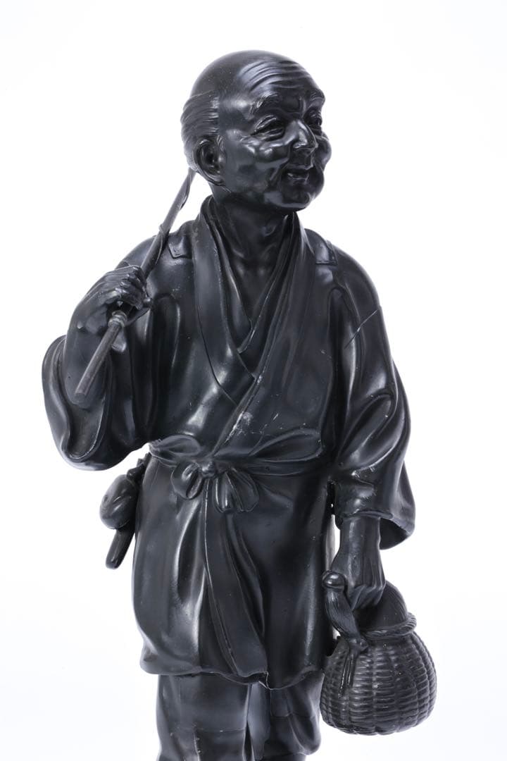 金属製 農夫像 魚籠 竹竿 裸足の老人 人物像 置物 ブロンズ調 彫像