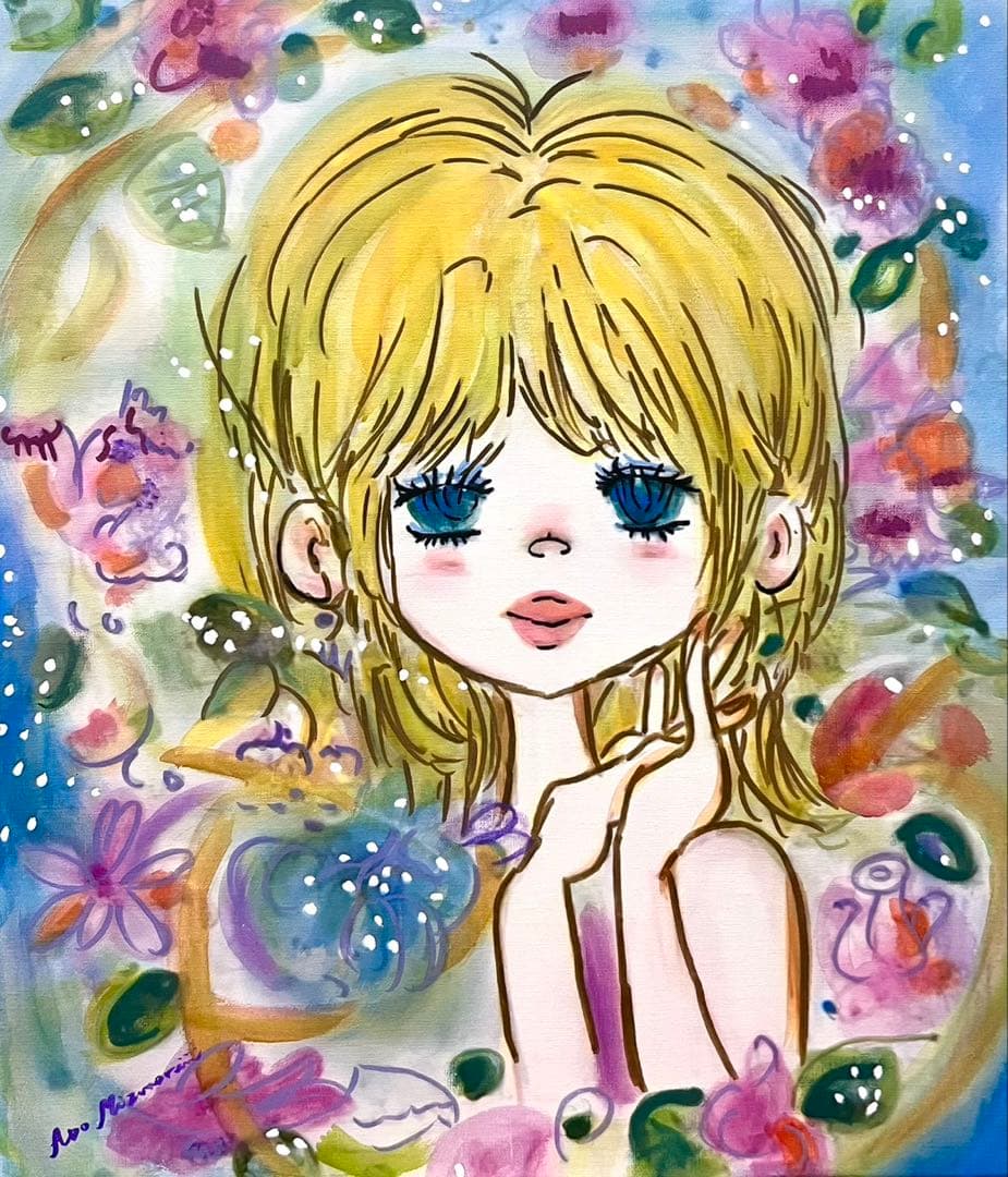 F10】水森亜土（可愛い女の子）肉筆品/表裏サイン有り/手描き/油絵