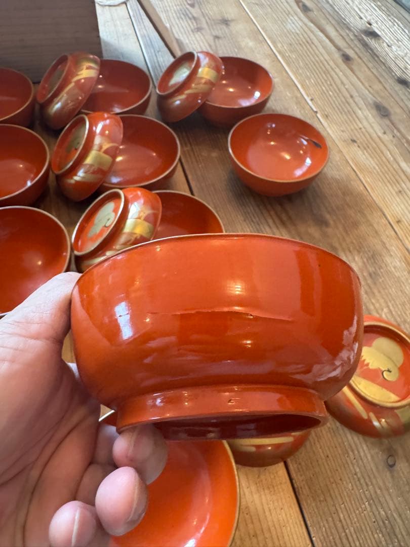 「明治〜大正 骨董 漆器 吸物椀 20客 ■華やか鶴蒔絵 ■箱付き ■送料込み」