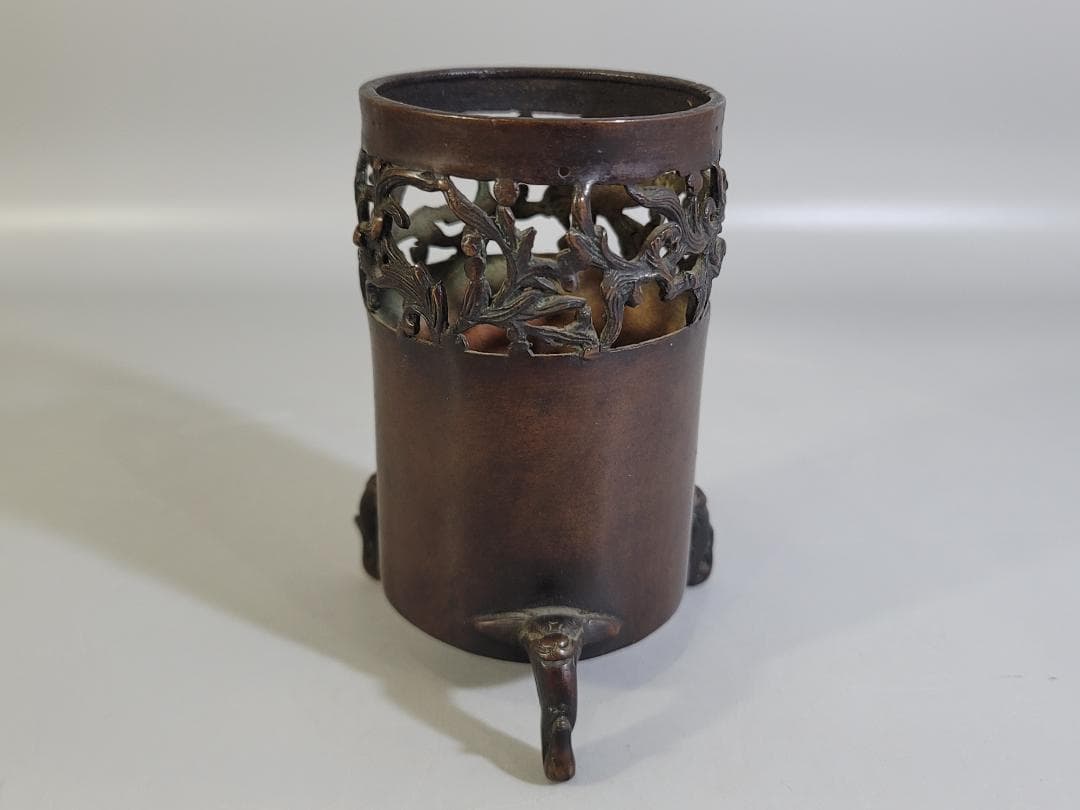 DT309 古い 中国 古銅 筆筒 宣徳年製