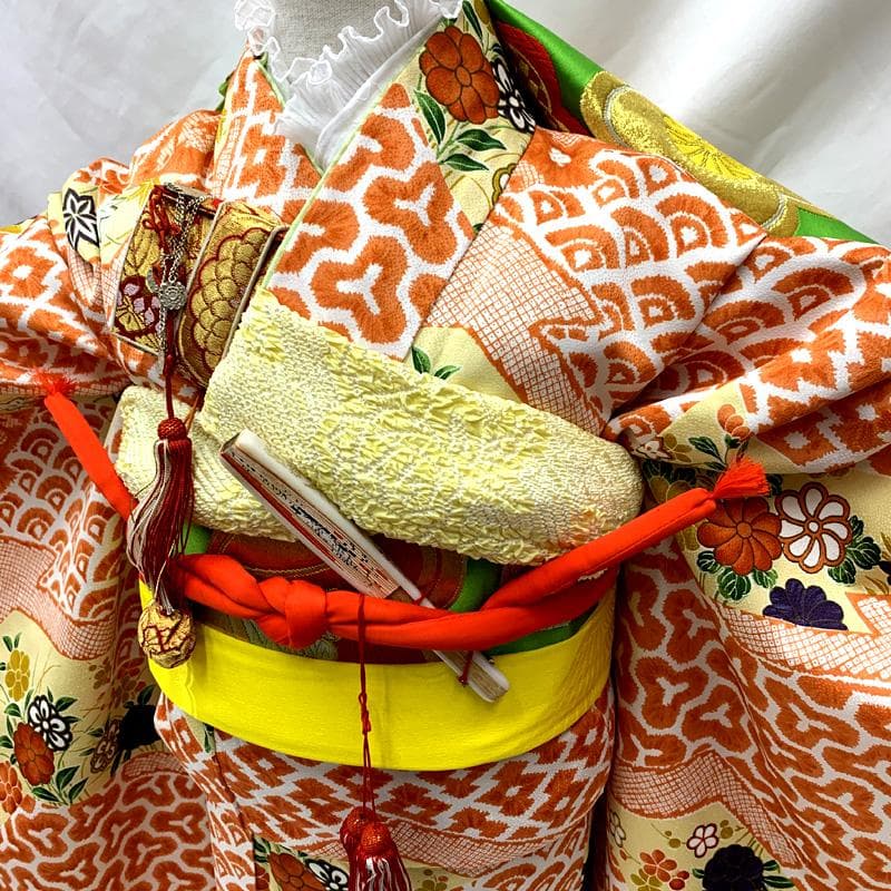 503ag68□七五三 七歳 女児 着物&袋帯 青海波 花□美品