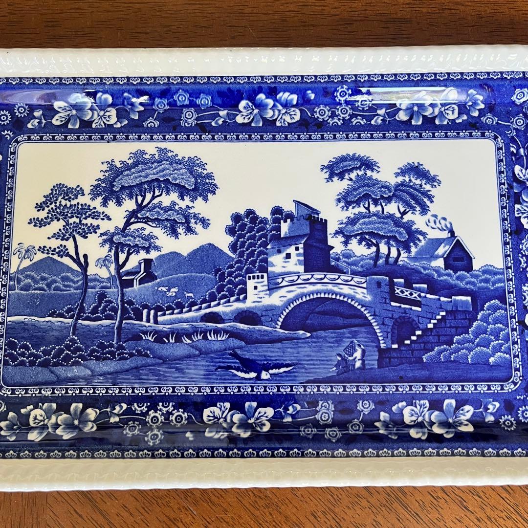 【希少品】英国製　スポード ★ブルータワー★手付きロングプレート