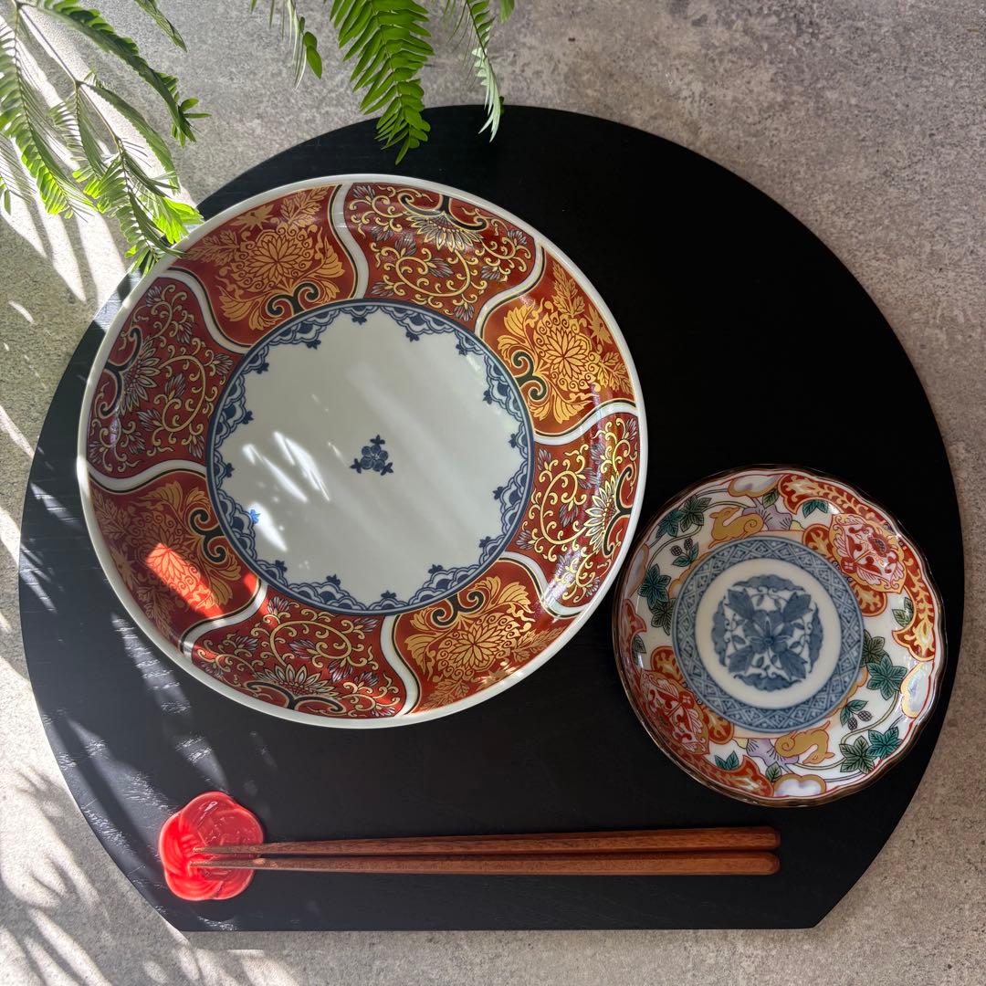 献上古伊万里　大皿　4枚　赤　金彩　曼荼羅　唐草　多用皿　レッド　プレートL