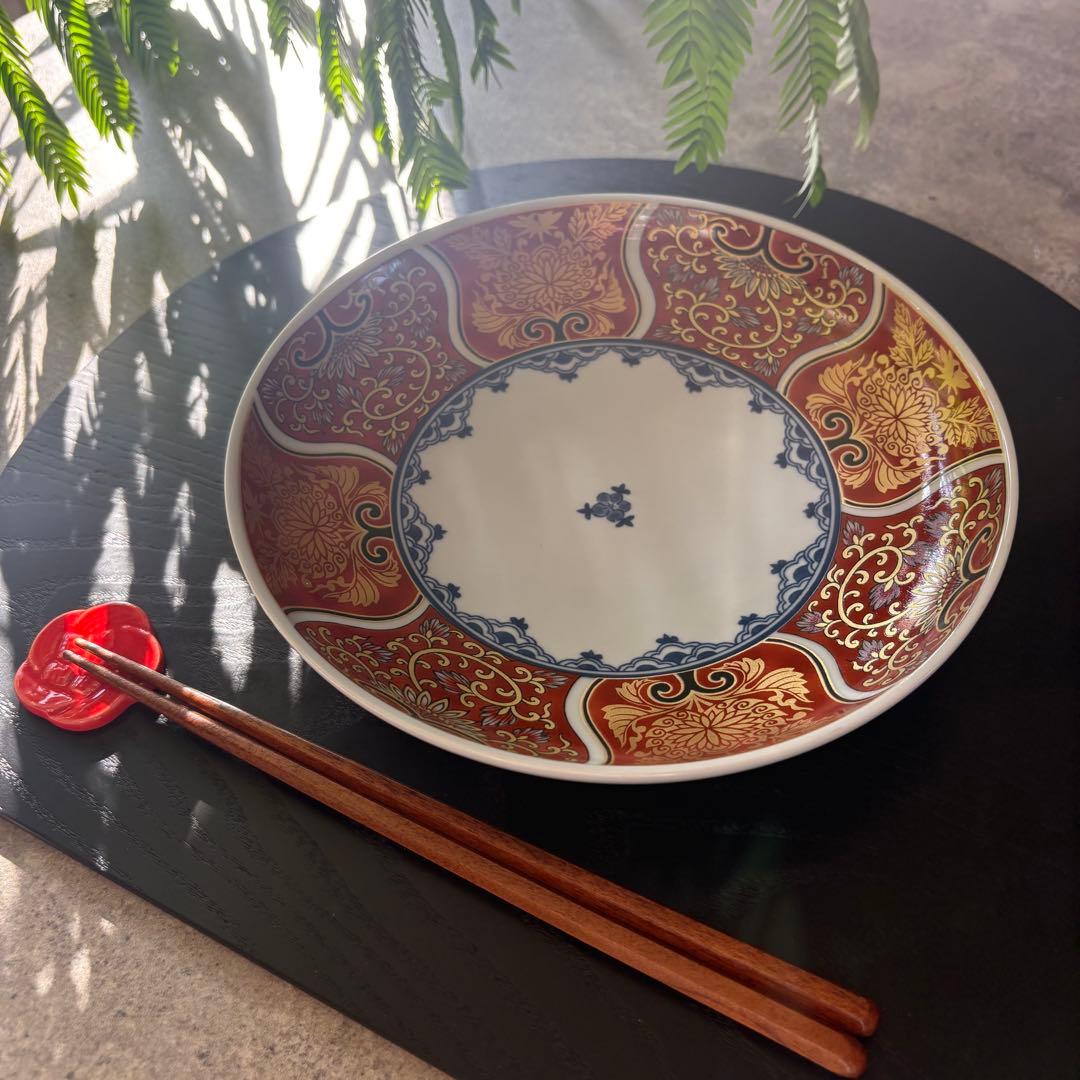 献上古伊万里　大皿　4枚　赤　金彩　曼荼羅　唐草　多用皿　レッド　プレートL