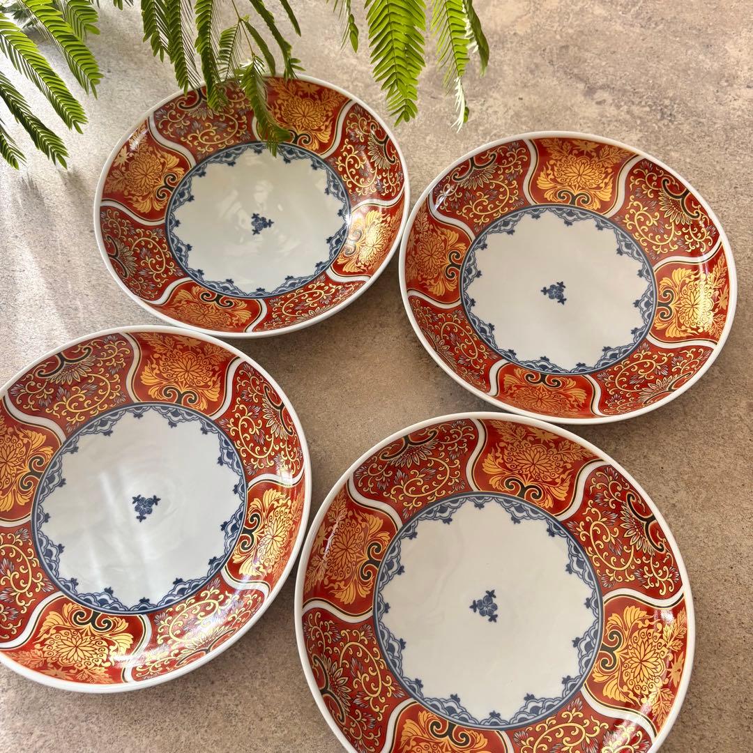 献上古伊万里　大皿　4枚　赤　金彩　曼荼羅　唐草　多用皿　レッド　プレートL