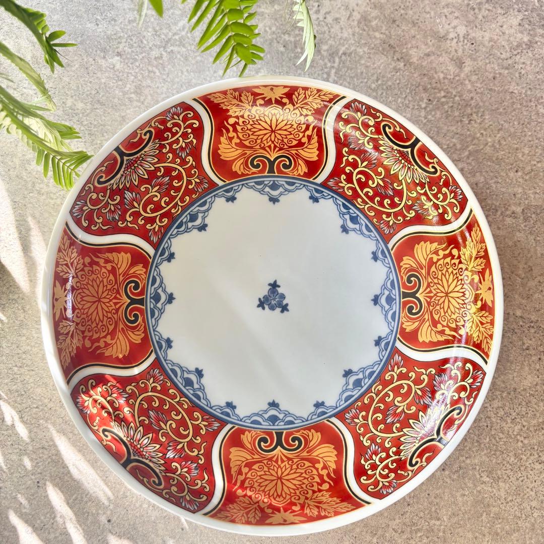 献上古伊万里　大皿　4枚　赤　金彩　曼荼羅　唐草　多用皿　レッド　プレートL