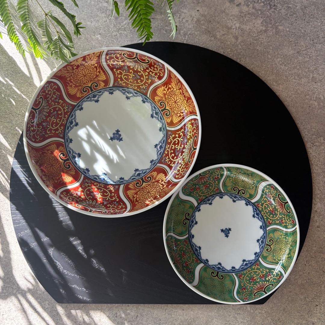 献上古伊万里　大皿　4枚　赤　金彩　曼荼羅　唐草　多用皿　レッド　プレートL