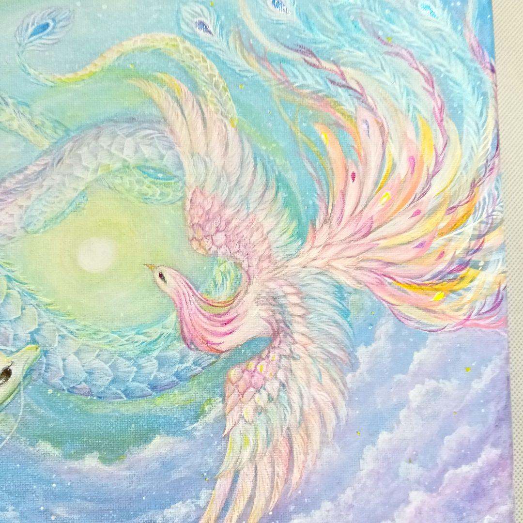 No.510 F4キャンバス 原画 鳳凰と龍 アクリル画 開運絵画