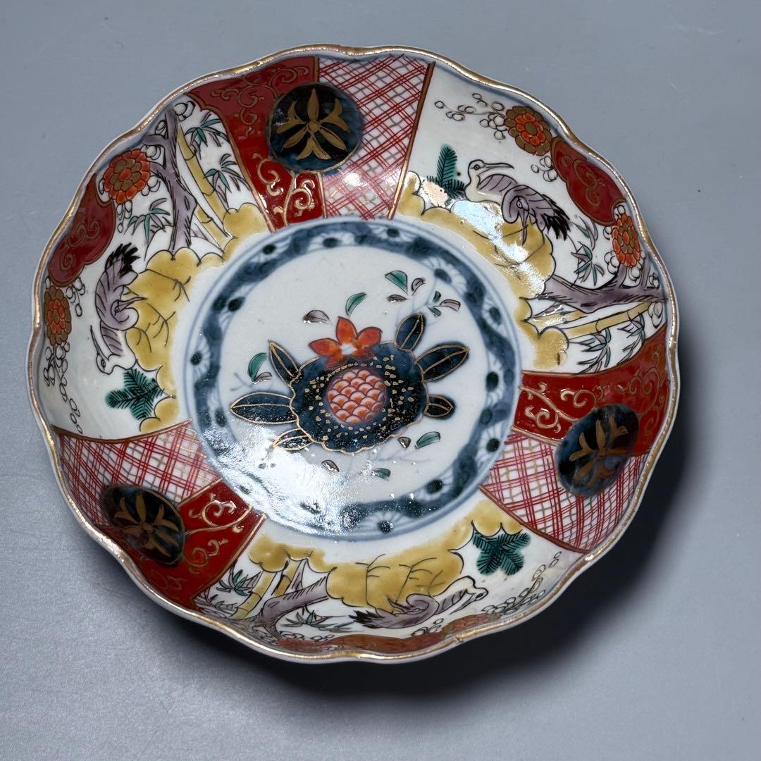 江戸中期〜後期 古伊万里 色絵柘榴文菊花形 なます皿 5枚 裏七宝結文