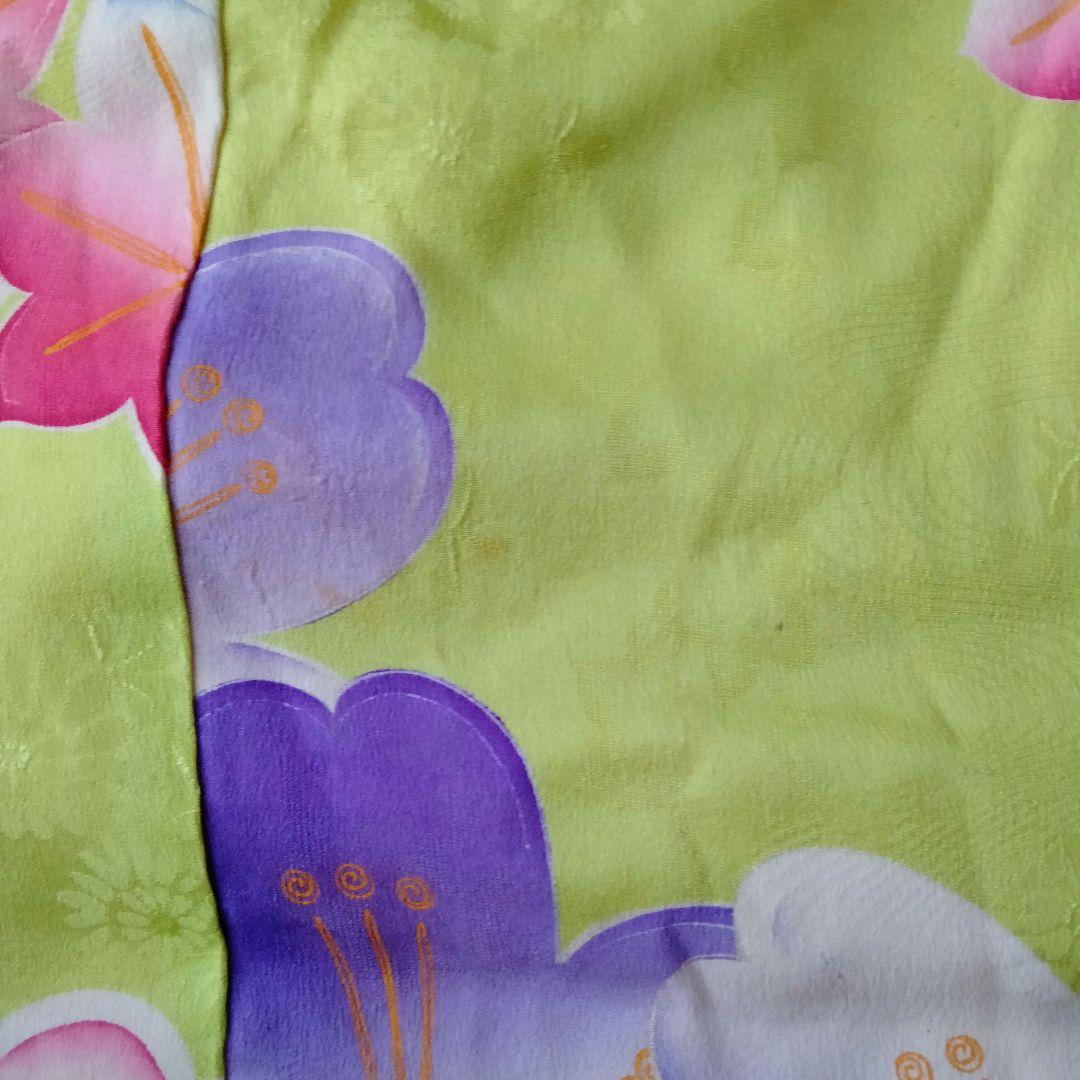 七五三　3歳　女の子　着物　アンティーク　桜模様　黄緑　錦紗　正絹　グリーン