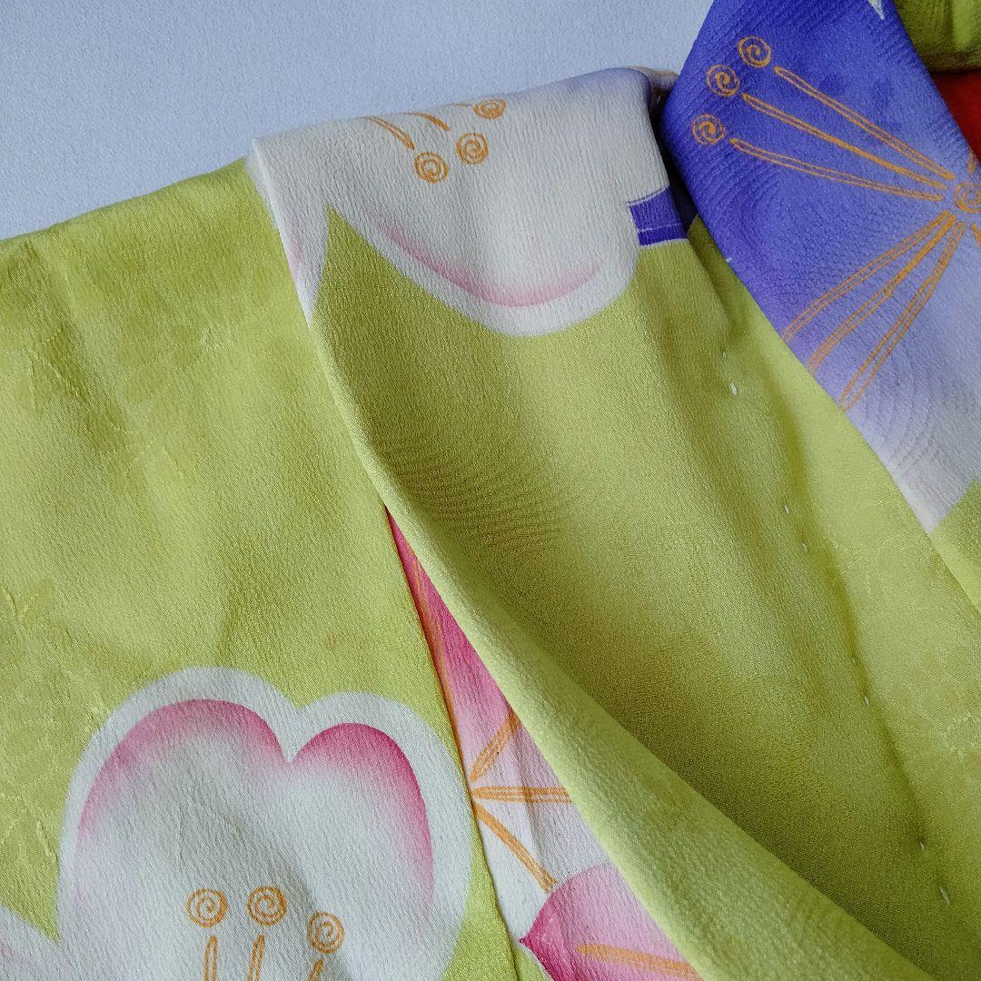 七五三　3歳　女の子　着物　アンティーク　桜模様　黄緑　錦紗　正絹　グリーン