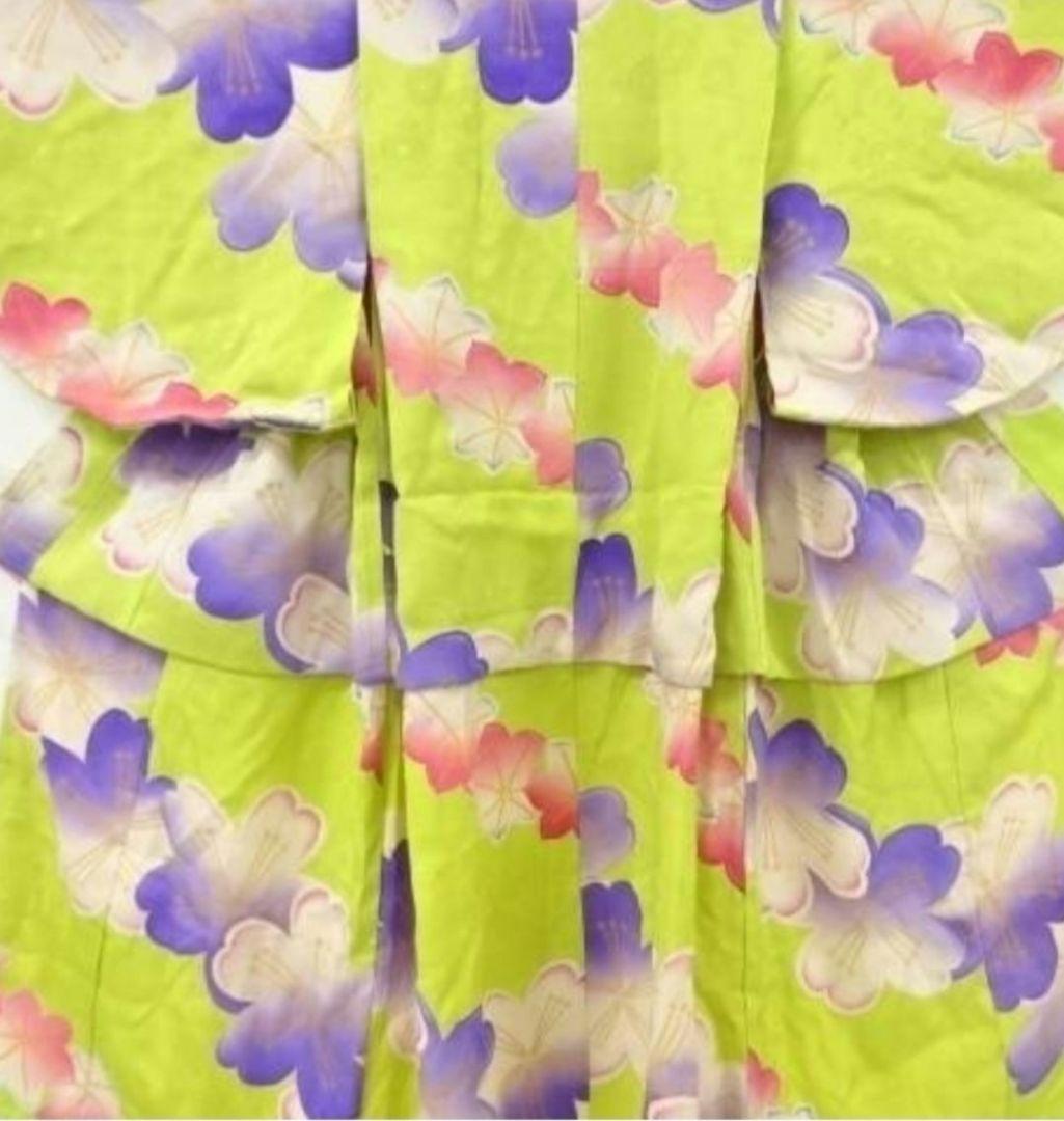 七五三　3歳　女の子　着物　アンティーク　桜模様　黄緑　錦紗　正絹　グリーン