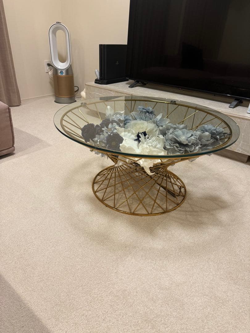 フランフラン マーリア コーヒーテーブル クリア×ゴールド（φ800）